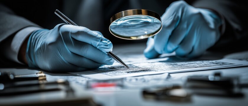 A forensic scientist examines evidence with a magnifying glass carefully