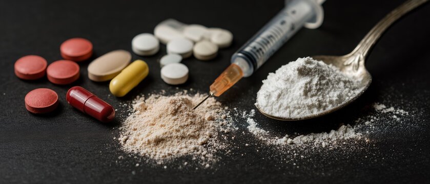 A collection of various drugs and a syringe on a dark surface