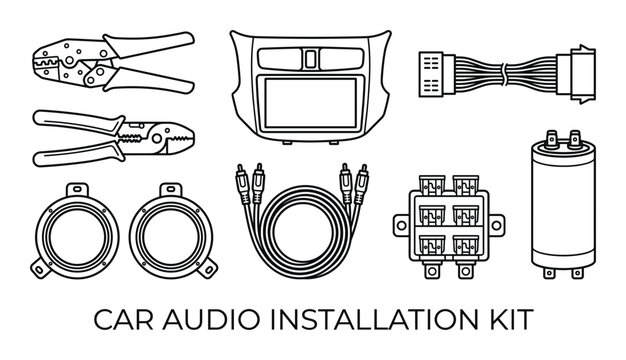 Car audio installation kit icons set including speakers radio head unit wires and electrical tools