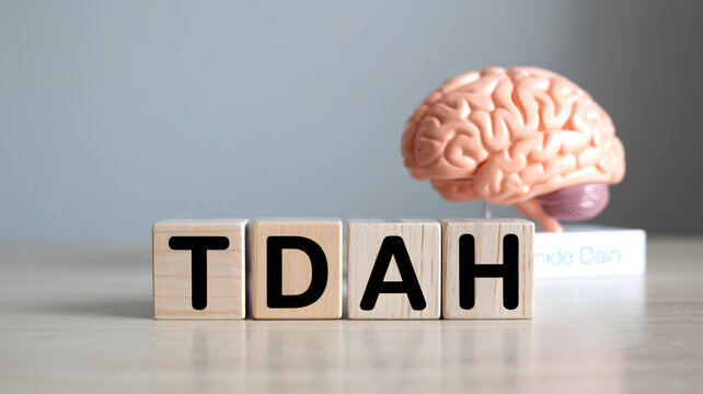 A model of a human brain sitting on a book next to wooden blocks with TDAH letters on a table