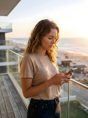 Obraz premium Woman checking her phone on a balcony at sunset