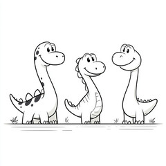 Obraz premium Three friendly dinosaurs standing together on simple ground, smiling, cartoon style illustration