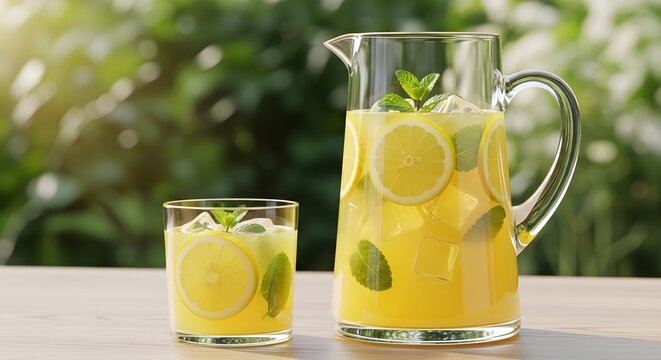 Chilled fresh lemonade with lemon slices and mint leaves in glass pitcher and cup on garden table