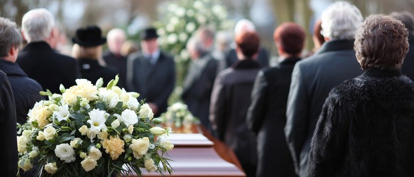 A group of mourners gathered around a casket at a funeral service