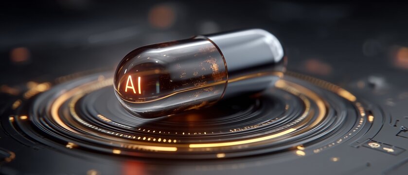 A futuristic capsule with AI technology on a dark background