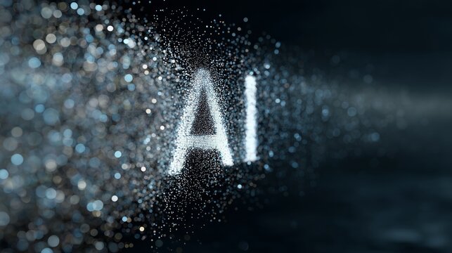 A futuristic AI logo made of tiny particles on a dark background
