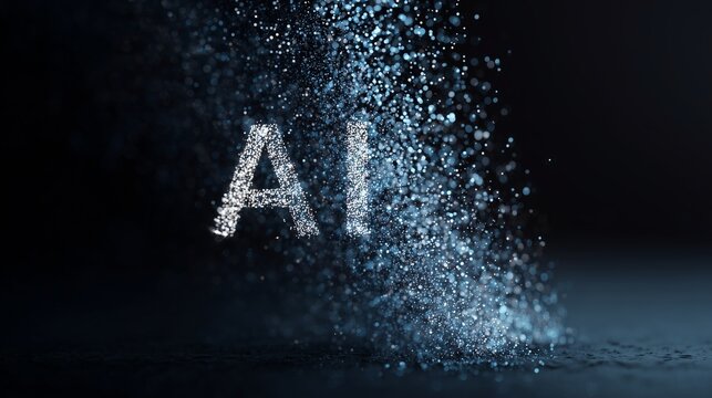 A futuristic AI logo made of sparkling particles on a dark background