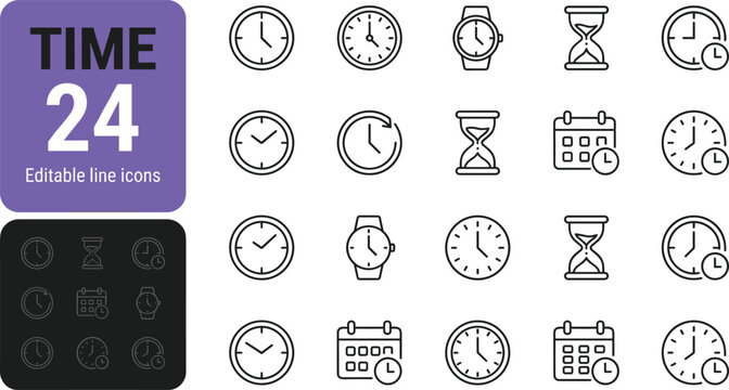 set of vector clock icons for time business design collection including watch alarm stopwatch timer and clock symbols for web and illustration use