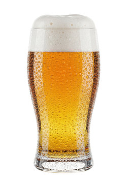 perfectly sculpted, chilled tulip pint glass filled with luminous hazy golden pale ale and thick creamy white foam head, glistening condensation and faint frost, isolated on transparent background,