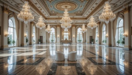 Obraz premium Grand royal ballroom with chandeliers and polished floors