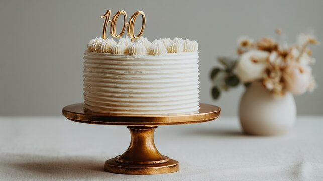 A white cake with a gold '100' candle on a wooden stand