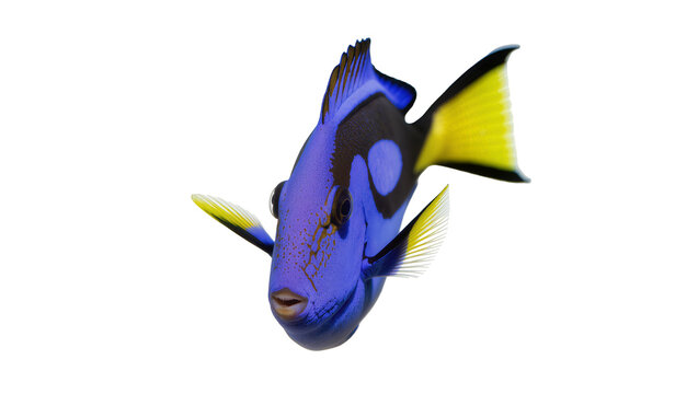 Vibrant blue tang fish with yellow fins, isolated on transparent background