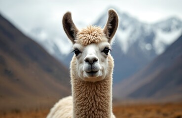 Fototapeta premium Llama looks forward in Andes mountains. Fluffy mammal stands in natural Andean landscape. Domestic animal gazes ahead near mountain peaks. Explore South America.