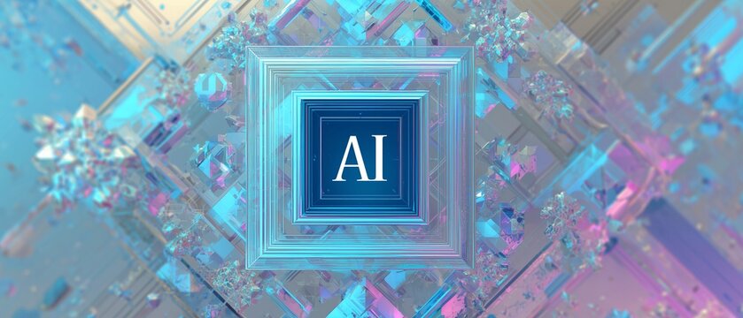 A futuristic AI logo on a colorful crystal background with blue and purple hues