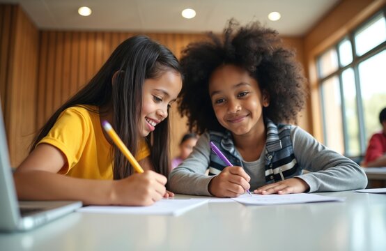 Two happy young girls, one Asian and one Black, write at a school desk. Children do homework together, smiling and focused. Education and learning concept.
