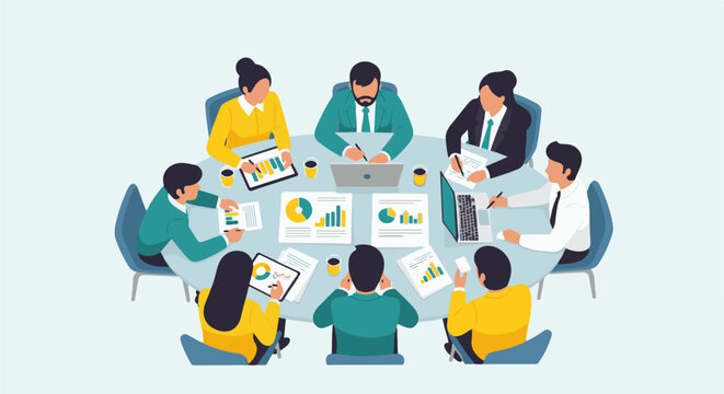 Diverse team collaborating around a circular table, discussing charts and using devices