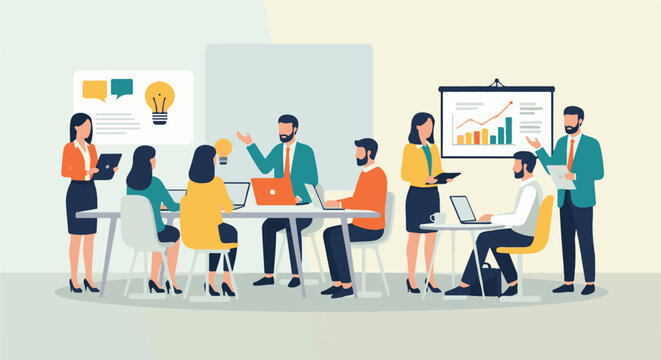 Business meeting with people collaborating around a table and presenting ideas on a screen