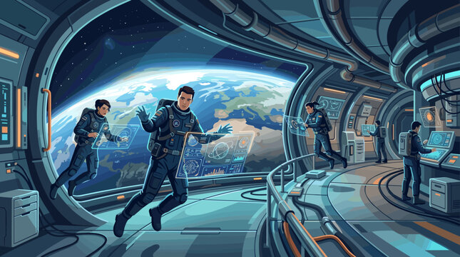 Diverse astronauts collaborate with advanced holographic tech inside a modern space station, orbiting Earth. Perfect for science, innovation, and global partnership visuals.