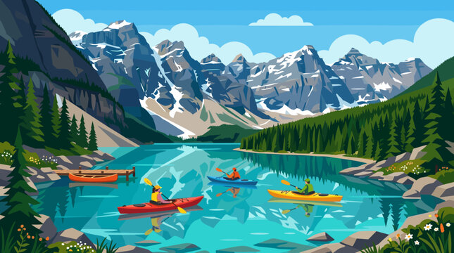 Vibrant vector illustration of kayakers enjoying a peaceful mountain lake surrounded by majestic peaks and a lush forest. Perfect for travel and outdoor recreation themes.