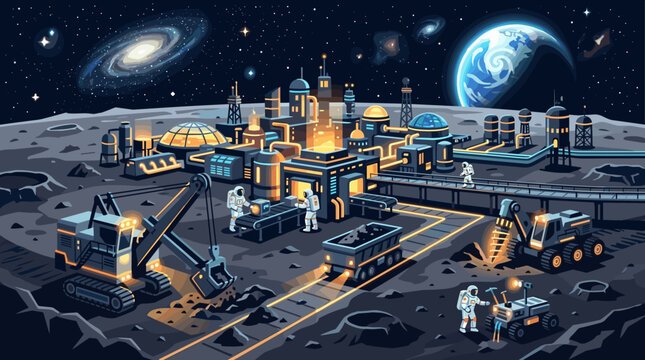 Futuristic moon base, astronauts mining and constructing on lunar surface. Space exploration, innovation, and future technology vector with Earth and galaxy views.