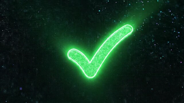 Glowing Green Check Mark Symbol Against a Digital Background with Particles and Sparkles