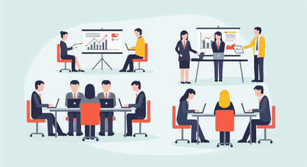 Fototapeta premium Business meeting and presentation with data charts, laptops, and professionals