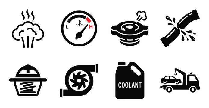 Engine overheating and cooling system failure icons with steam gauge radiator cap and towing truck