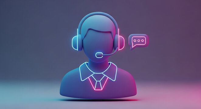 Glowing neon line art of customer support agent character wearing headset with microphone and chat bubble icon on dark purple and blue background art.