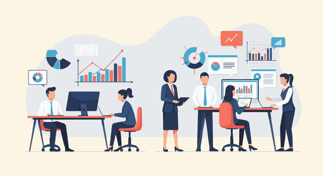 Professionals analyze data and charts in a modern office setting