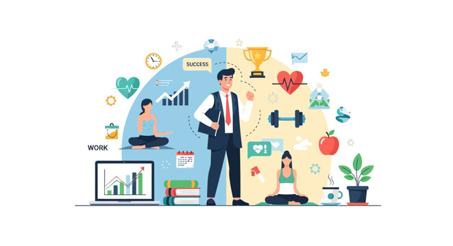 Work-life balance concept with a businessman and elements of career and personal well-being.