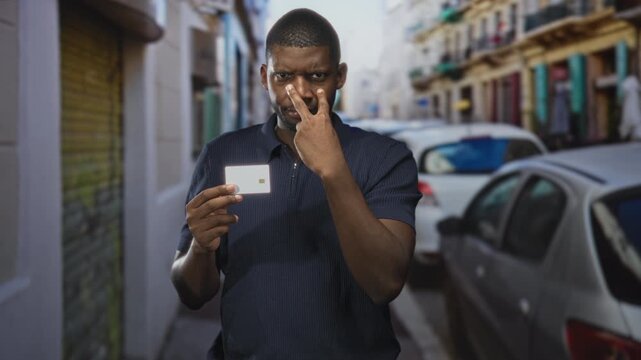 Young black man holds creditcard and points finger at camera in narrow street with parked cars and shuttered storefronts; warning security trust.