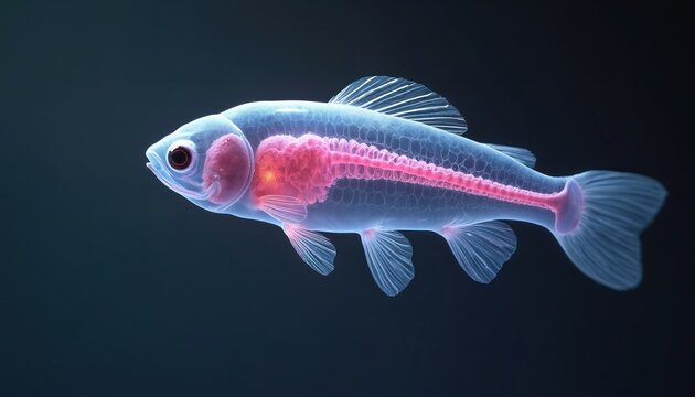 Transparent zebrafish displays internal organs, skeletal structure. Scientific illustration shows detailed anatomy, research, biological study. Medical imaging visualizes development, growth. Health