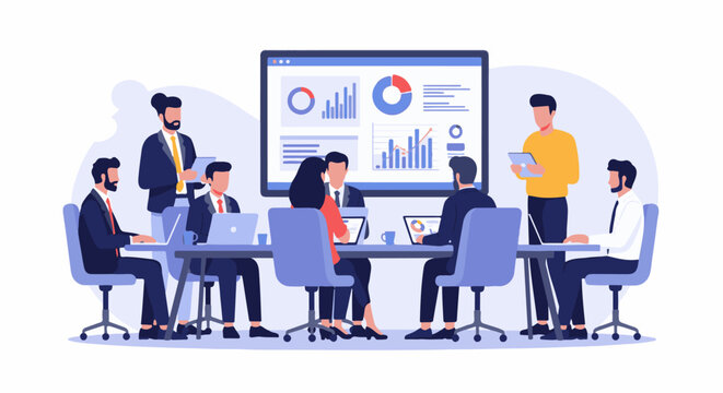 Business meeting with charts displayed on screen, people seated and standing