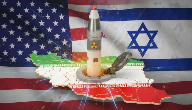 Nuclear Missile Threat Over Iran Map and US-Israel Flags Symbolizing Geopolitical Conflict