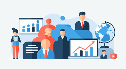 Obraz premium Abstract flat art showing business people, graphs, globe, and video icon