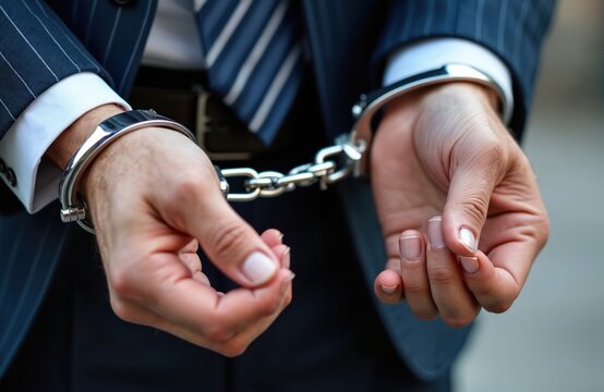 Man in pinstripe suit and tie wears handcuffs. Businessman arrested for crime, facing justice for corporate fraud or corruption charges. Law enforcement intervention for illegal business activities.