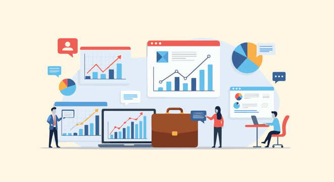Business analysts collaborate on charts and graphs displaying upward trends