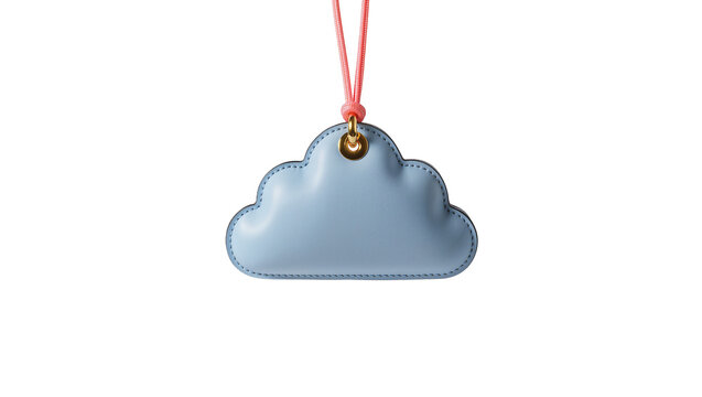 Light blue leather cloud charm with pink cord, isolated on transparent background