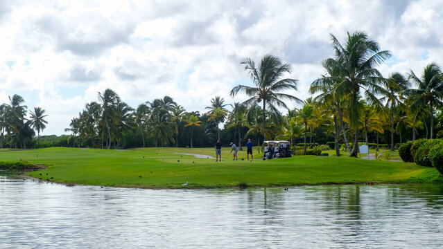 Group of golfers preparing to tee off on a lush green golf course surrounded by palm trees and a calm water body under a partly cloudy sky
