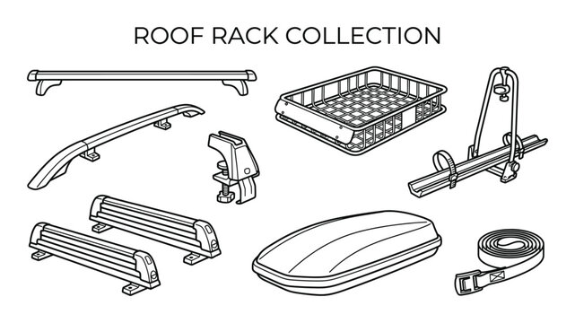 Roof rack collection line art vector set, car top carriers and accessories for travel