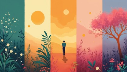 Fototapeta premium Stylized illustration shows solo person. Panels display nature blooming flowers, green plants, sunset sky, vibrant tree. Minimalist art conveys solitude quiet contemplation.