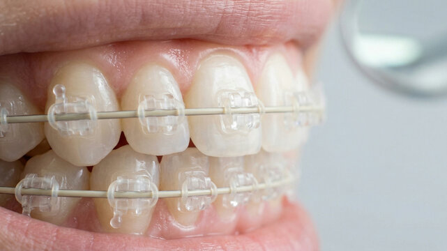 Close-up of Clear Ceramic Braces on White Teeth for Orthodontic Treatment