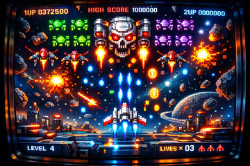 Fototapeta premium Retro Arcade Game Battle: A thrilling and nostalgic glimpse into the world of arcade gaming, showcasing a spaceship battle set amidst vibrant neon lights and pixelated graphics.
