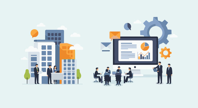 Diverse professionals collaborate in a modern office setting, discussing data and business growth