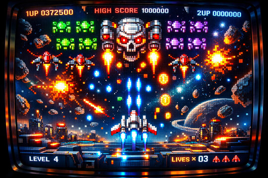 Retro Arcade Game Battle: A thrilling and nostalgic glimpse into the world of arcade gaming, showcasing a spaceship battle set amidst vibrant neon lights and pixelated graphics.
