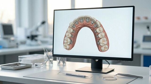 Modern Orthodontics: 3D Teeth Model with Lingual Braces on Computer Screen
