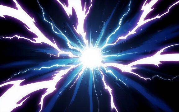 Bright white light explodes outwards with vibrant blue and purple lightning effects.