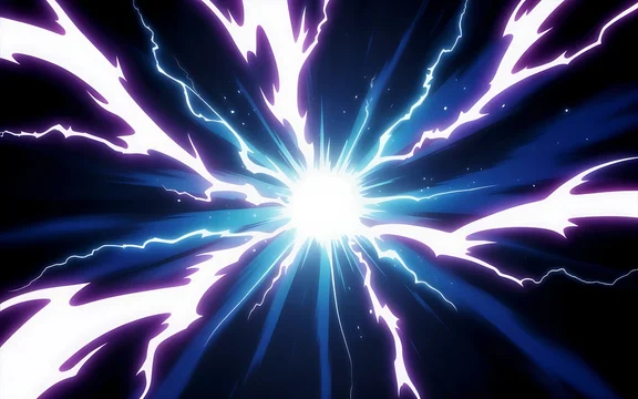 Bright white light explodes outwards with vibrant blue and purple lightning effects.