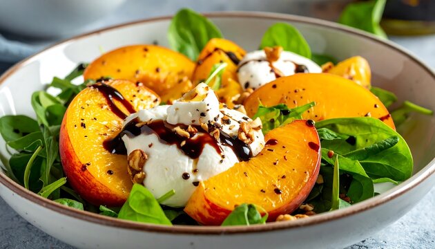 A fresh salad in a bowl with sliced peaches, burrata cheese, and green leaves drizzled with balsamic glaze
