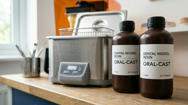 Dental Model Resin Bottles and Ultrasonic Cleaner in Professional Dental Laboratory
